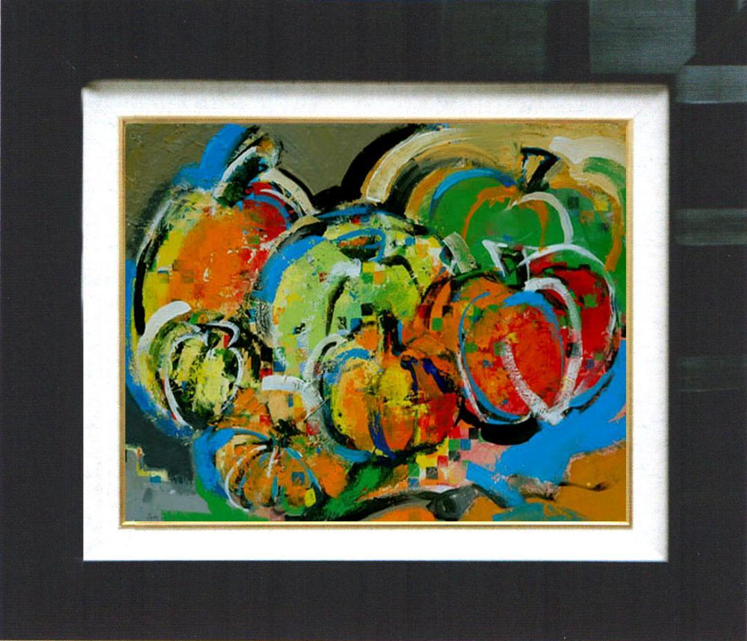 油絵 菅家令子インテリア 額付(青緑＋金色の枠) uF6-061303 かぼちゃ