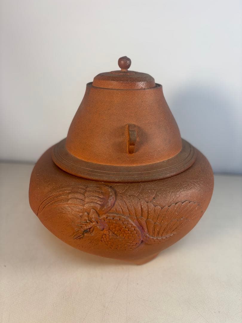 陶器製茶道具 鳳凰風炉　茶釜　敷板(皿)付き