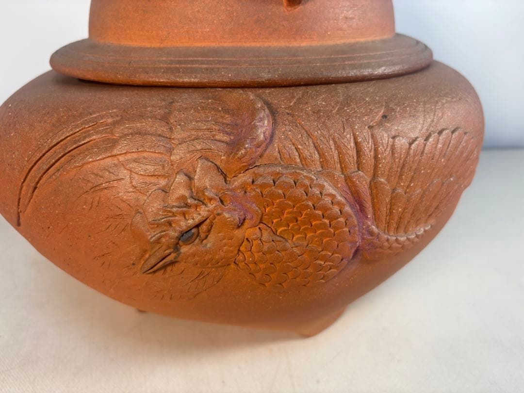 陶器製茶道具 鳳凰風炉　茶釜　敷板(皿)付き