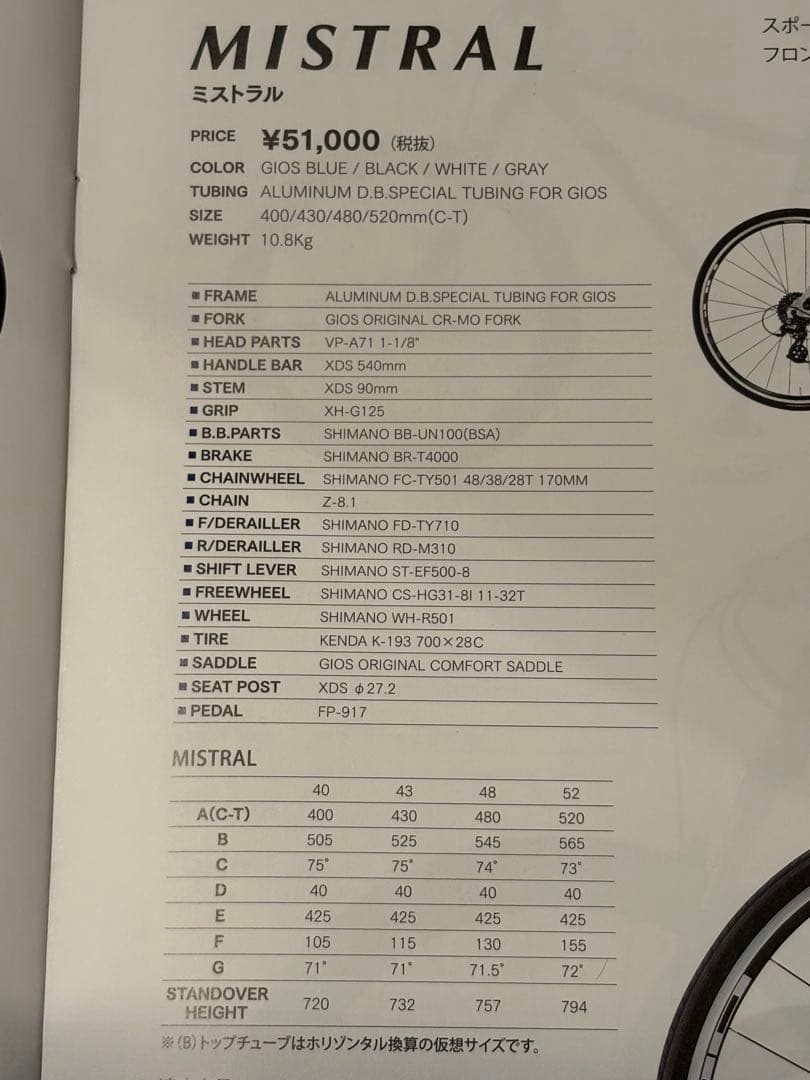 【引取希望】GIOS ミストラル 2020モデル