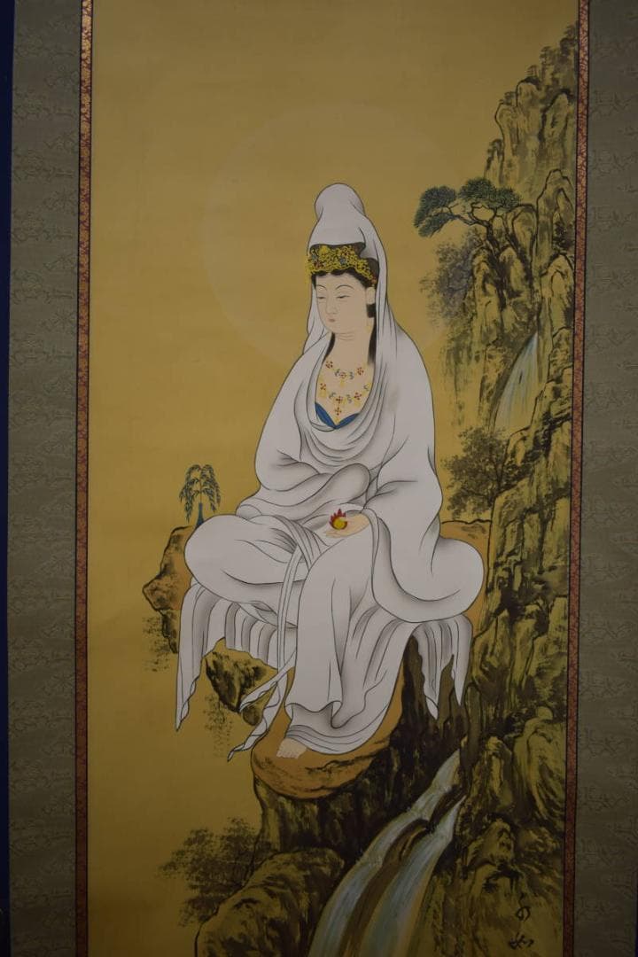 真作/水如/楊柳観音像図/岩上観音図/布袋屋掛軸HI-762