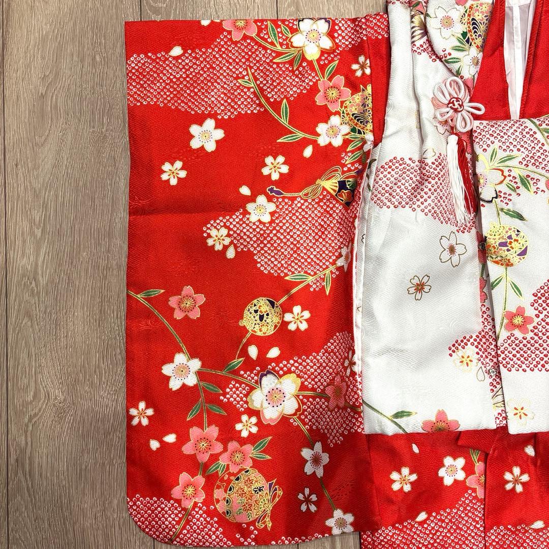 七五三女の子着物9点セット★3歳着物被布草履★赤色着物★白色被布コート★足袋巾着