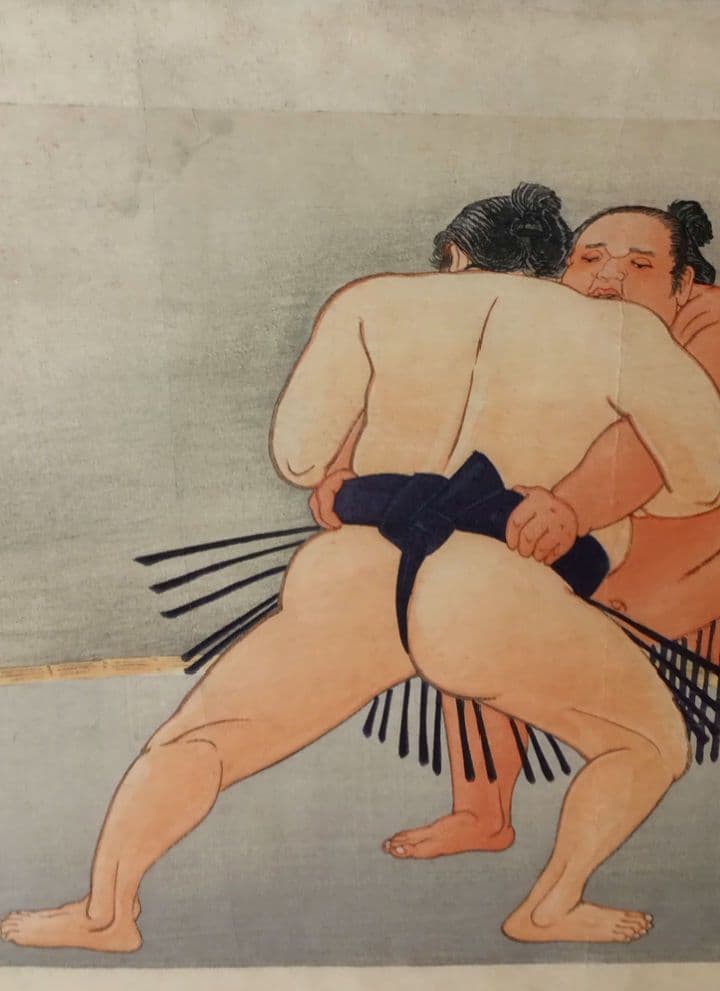 鰭崎英朋、 稀木版画相撲四十八手 双差し梅ケ谷&常陸山昭和15年頃出版