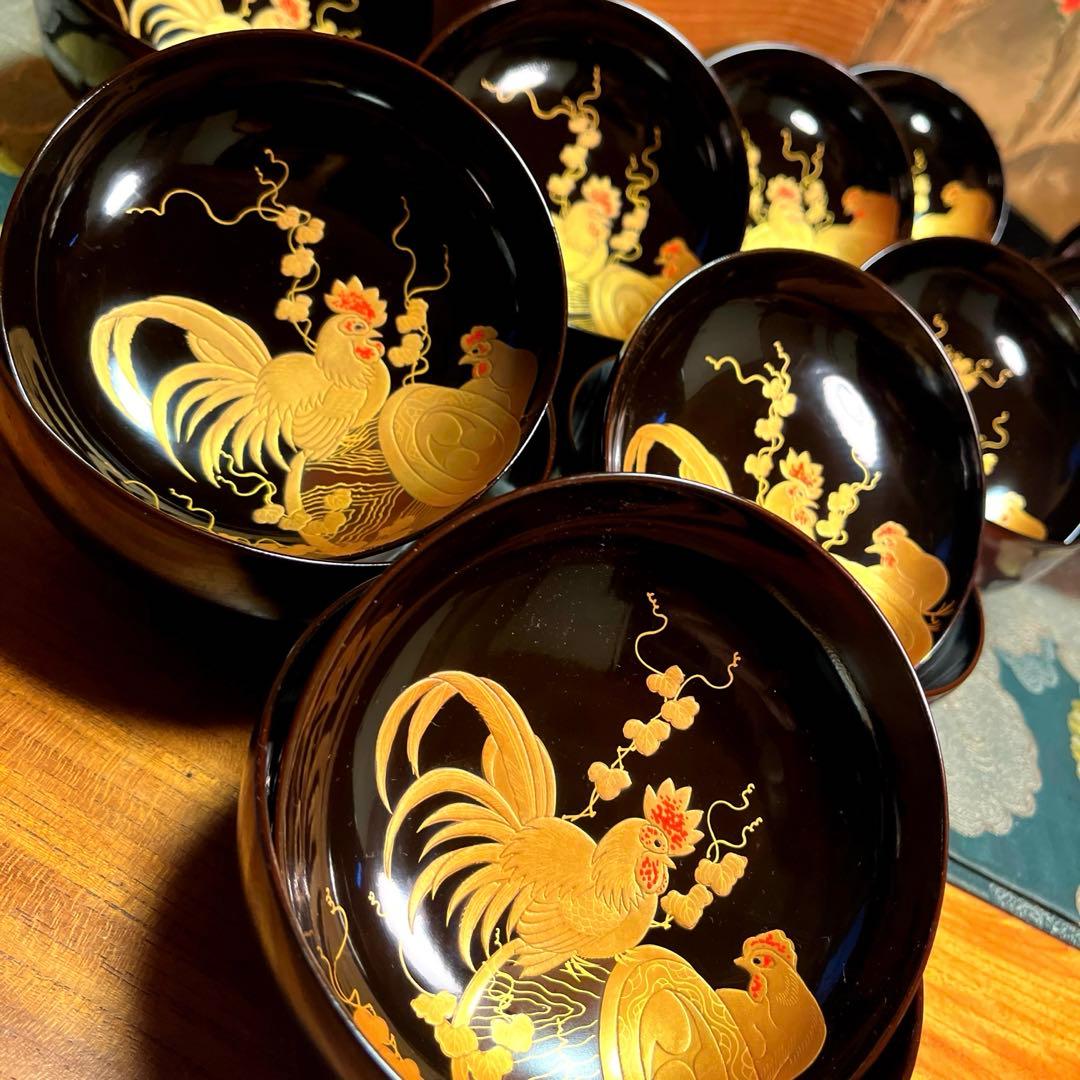 A914 木製輪島塗　潤み色　隠し絵蒔絵　閑古鳥蒔絵　鶏　5客