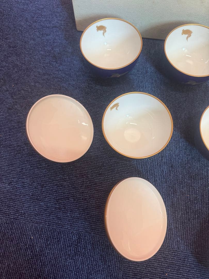 1882 香蘭社　瑠璃鶴亀　湯呑蓋付　5客　金彩　未使用