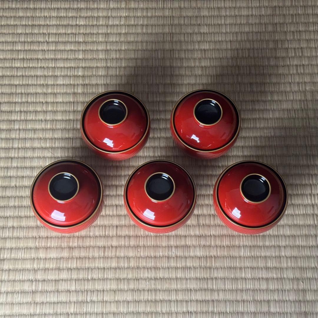 輪島塗 絵付 まり椀 5客 本堅地 中島松朗 (九香)作 布付 共箱 茶懐石道具