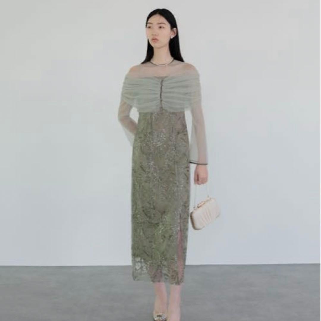 チュールオフショルダー花柄Iラインワンピースドレス結婚式パーティー二次会成人式