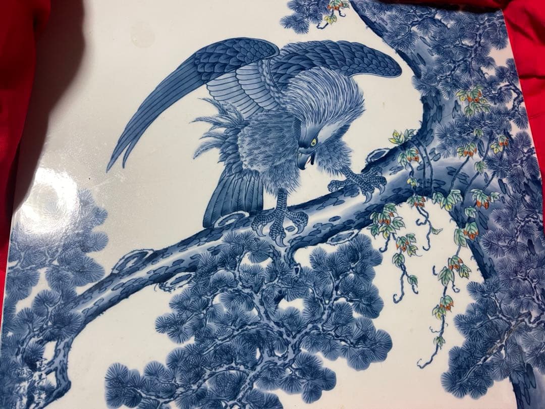 有田焼日本画 鳥と松の陶磁器絵画(未使用長期保管品)