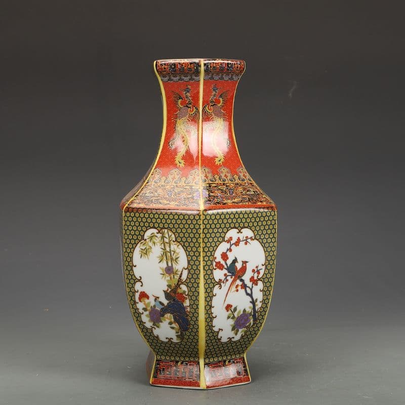 金花鳥六方瓶 景徳鎮 花瓶 琺瑯彩パステル磁器 現代工芸品 美術品 装飾品