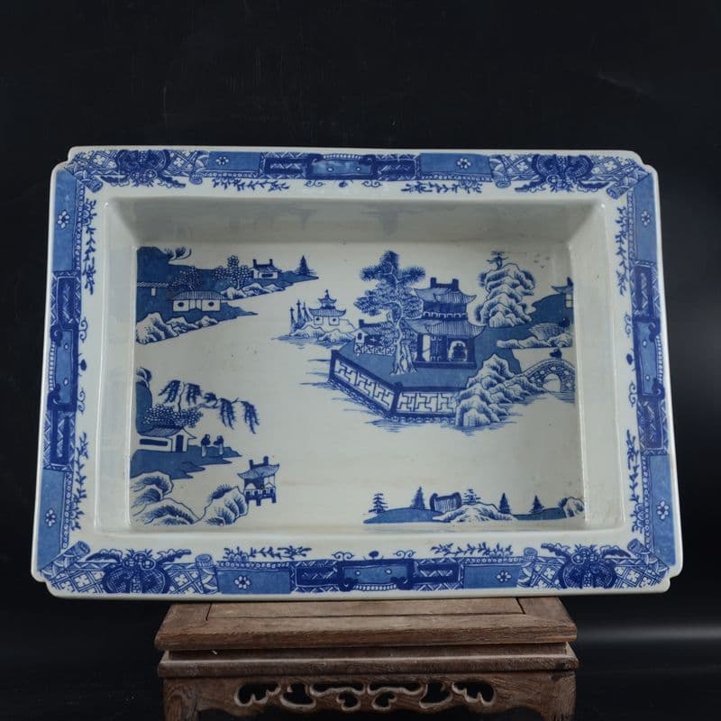 景徳鎮 磁器 青花山水楼台四方透かし彫り象嵌器水仙鉢 長方鉢