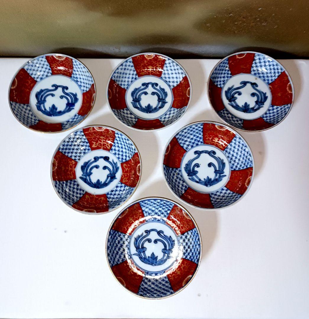 SORA　明治時代の錦手大猪口、色付小皿、金彩色絵小皿各６客計１８客セット