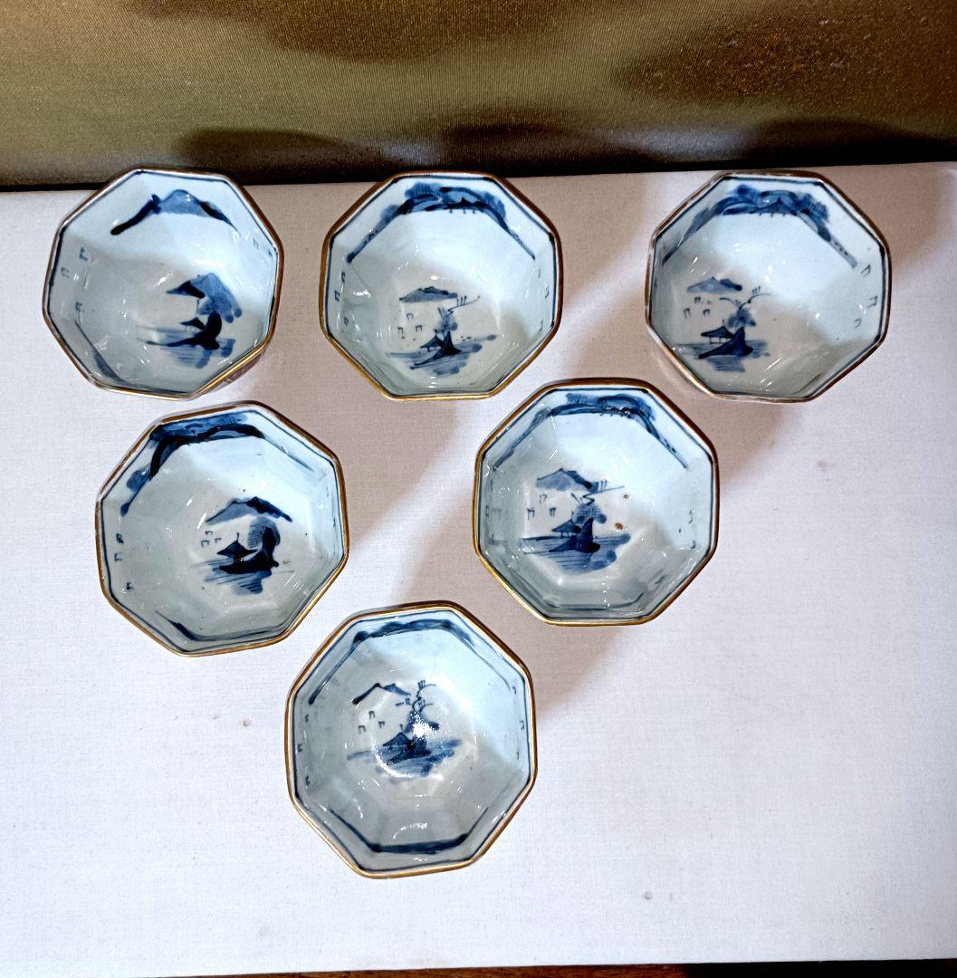 SORA　明治時代の錦手大猪口、色付小皿、金彩色絵小皿各６客計１８客セット