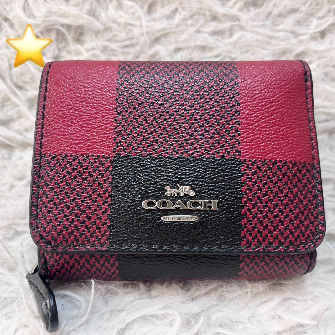 【美品】COACH コーチ 格子柄 三つ折り財布 コンパクトウォレット 赤×黒
