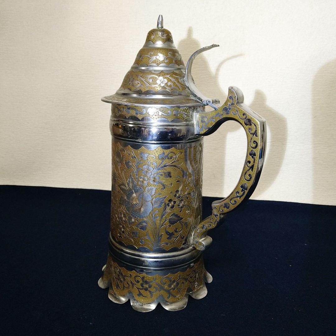 A968 銀製彫金オルゴール 稼働 ピッチャー形【ビンテージ】インド彫金 置物