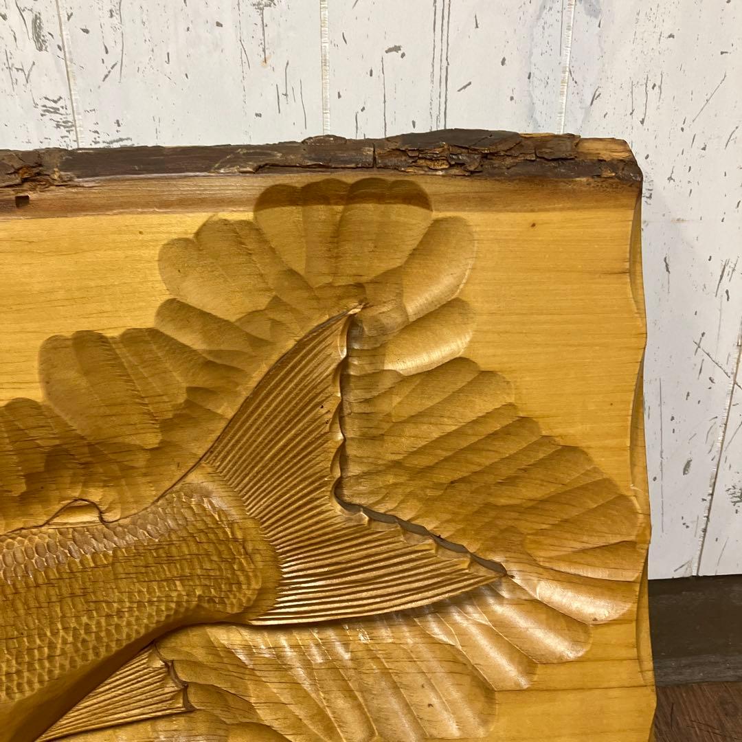 昭和レトロ 木彫り鮭 彫刻 アートレリーフ 壁掛け 一枚板 フィッシュカービング
