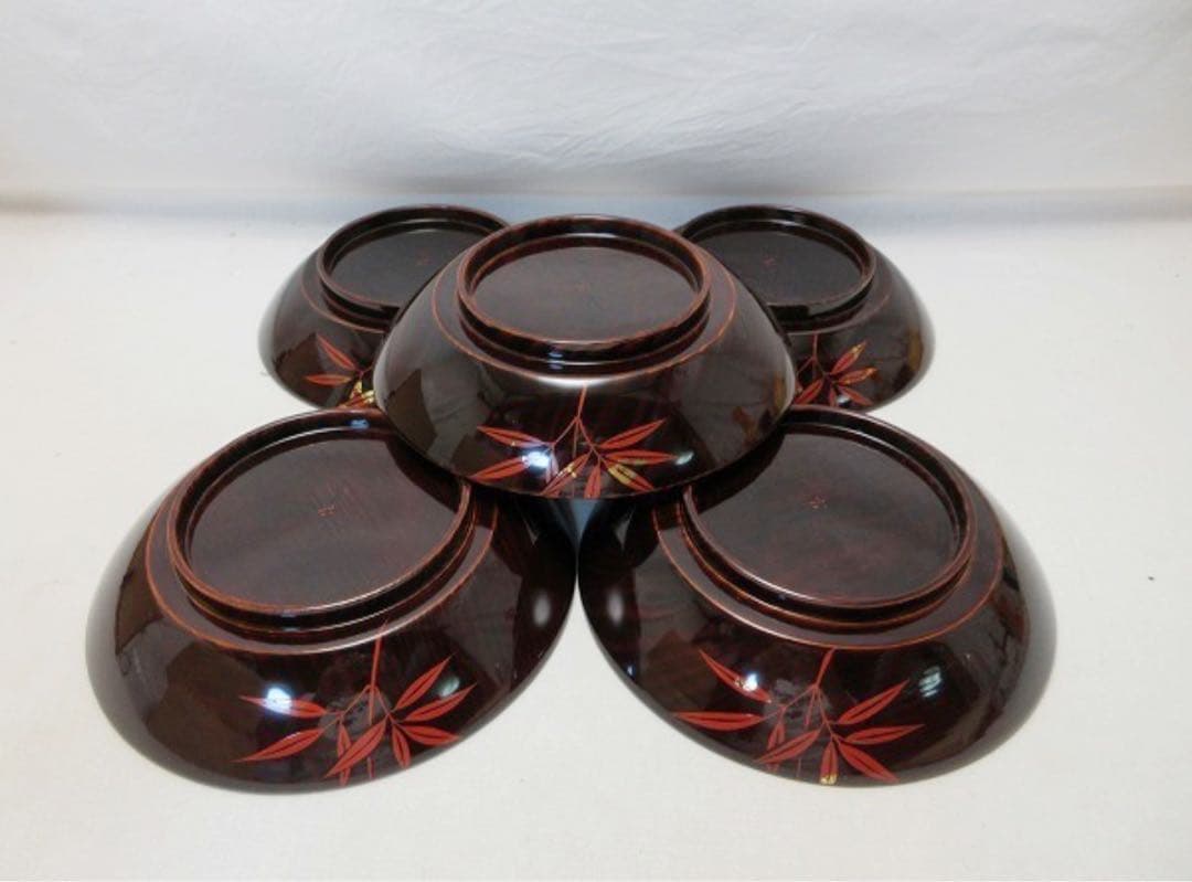 未使用 茶道具 服部俊夫造 松溜塗朱竹蒔絵 銘々皿 5客揃 底サイン 共箱