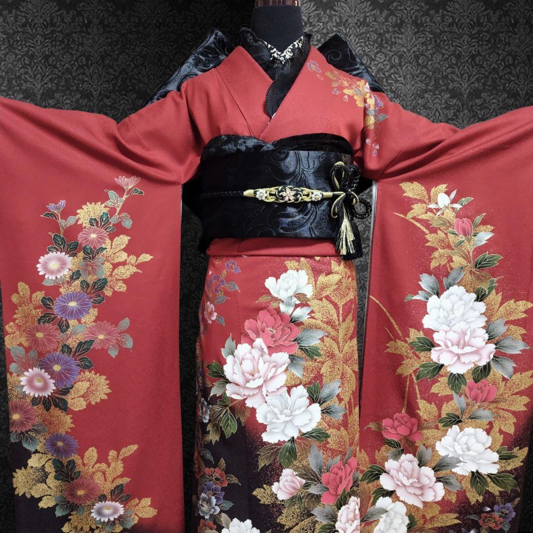 振袖フルセット(7点)・成人式・さがみ誂製・大輪牡丹・金銀彩加工・モダン・正絹