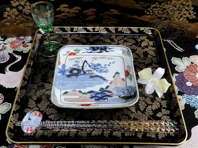 古伊万里　染錦　山水に松竹梅の図　角皿　F064AS-CQu