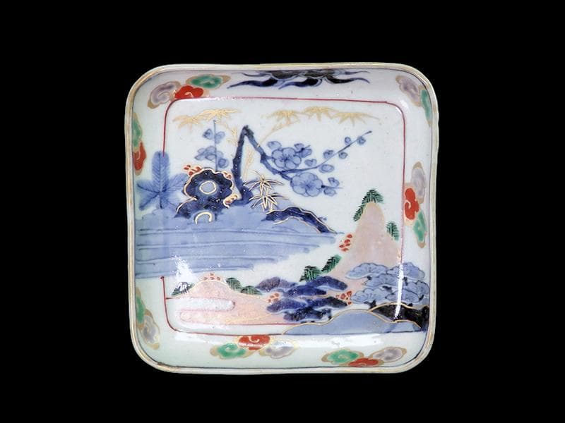 古伊万里　染錦　山水に松竹梅の図　角皿　F064AS-CQu