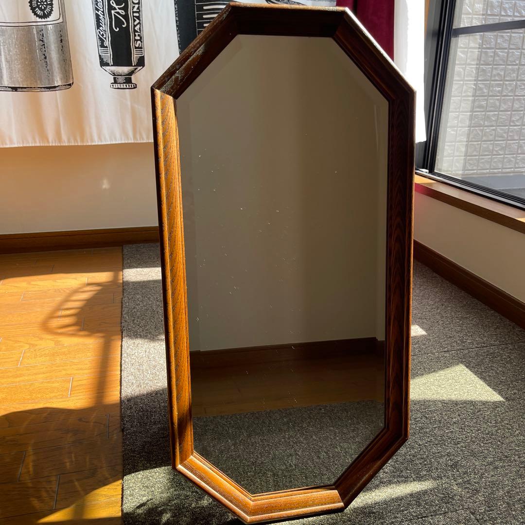 アンティーク 木製 八角形ミラー