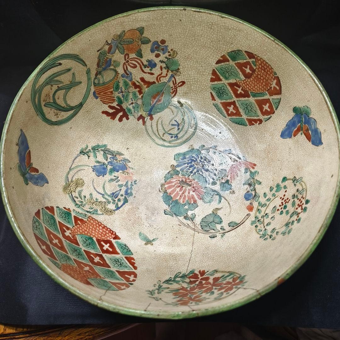 茶道具 古九谷焼 色絵水指 手描き花丸文 幕末骨董 木製漆蓋 桐箱入旧家蔵出し