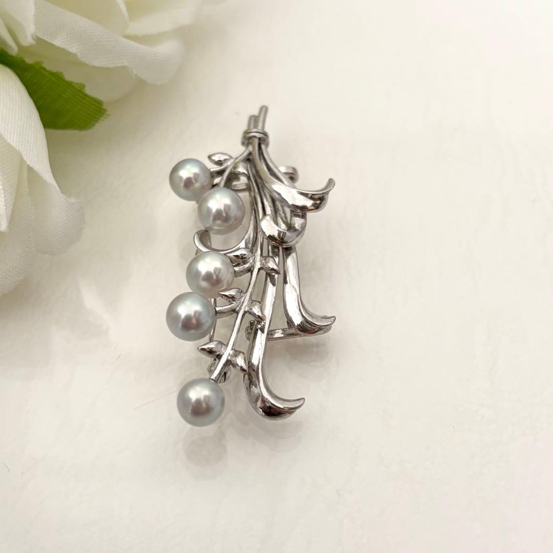 380【ミキモト】シルバー　パール　ブローチ　帯留め