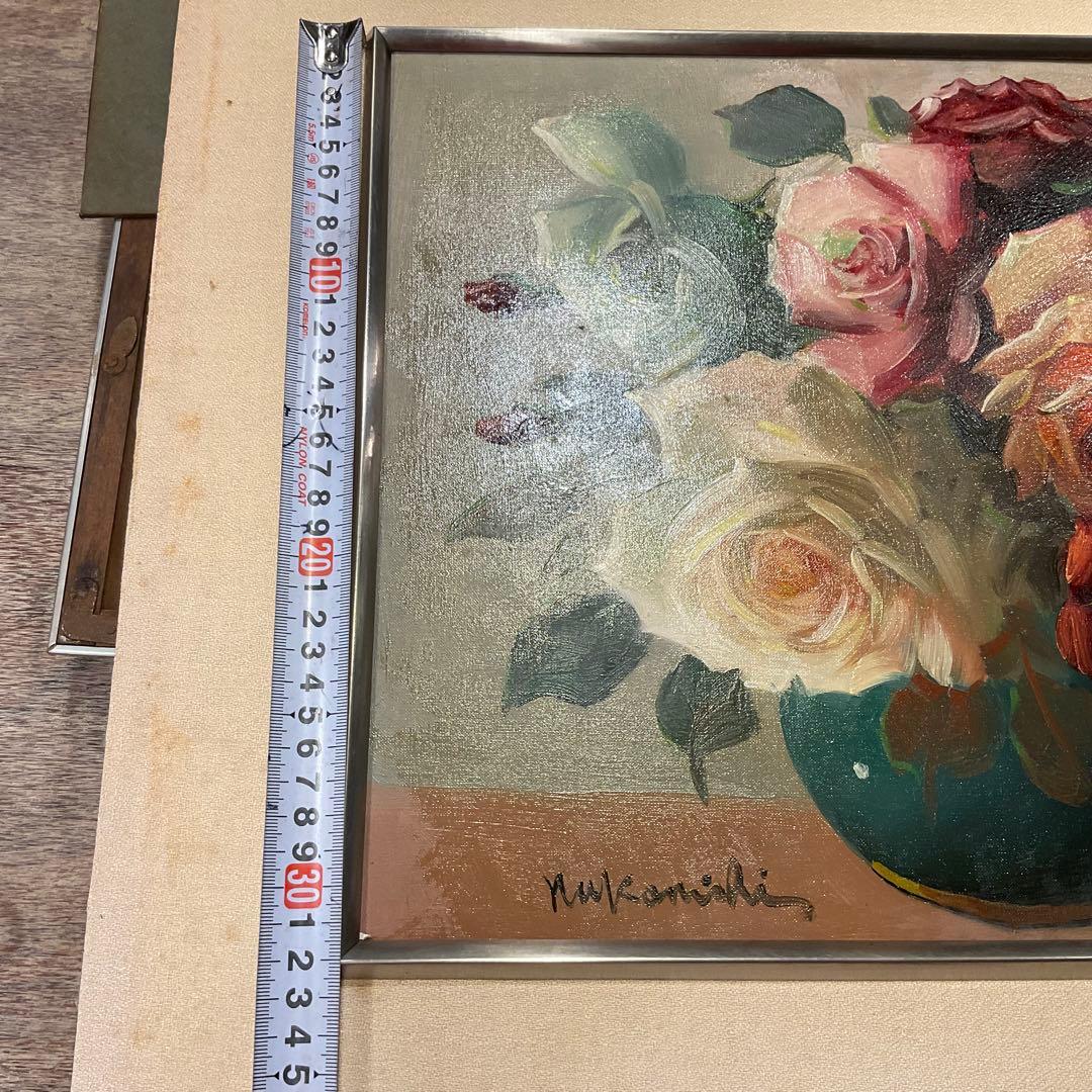 中西利雄 薔薇 油彩 薔薇 ばら バラ 古い油絵 キャンバス 額装品