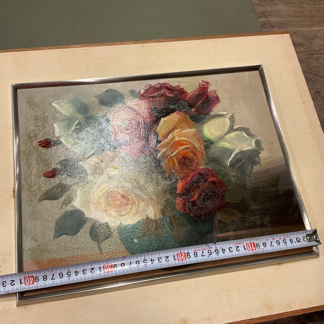 中西利雄 薔薇 油彩 薔薇 ばら バラ 古い油絵 キャンバス 額装品