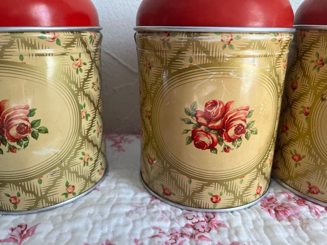 アンティーク　バラ柄のキャニスター3個