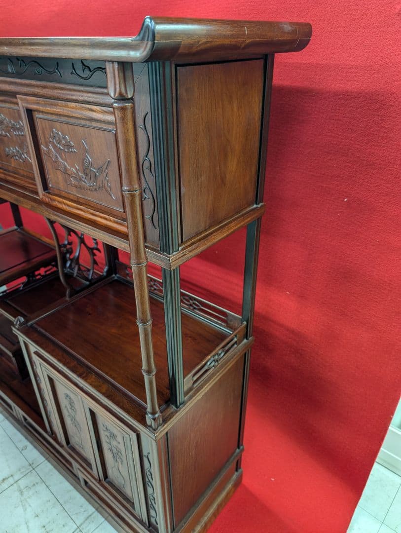 唐木 無垢材 高級 茶棚 花梨 茶箪笥 違い棚 総花梨 飾り棚 竹柄 花鳥彫刻