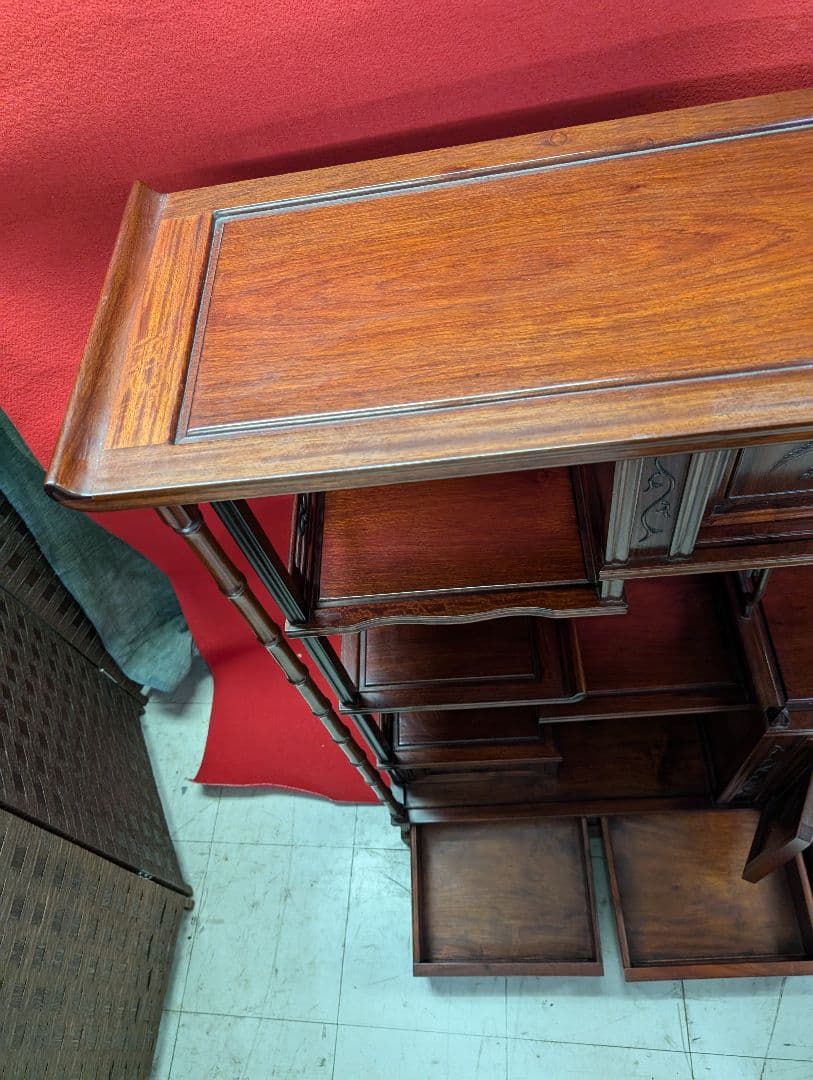 唐木 無垢材 高級 茶棚 花梨 茶箪笥 違い棚 総花梨 飾り棚 竹柄 花鳥彫刻