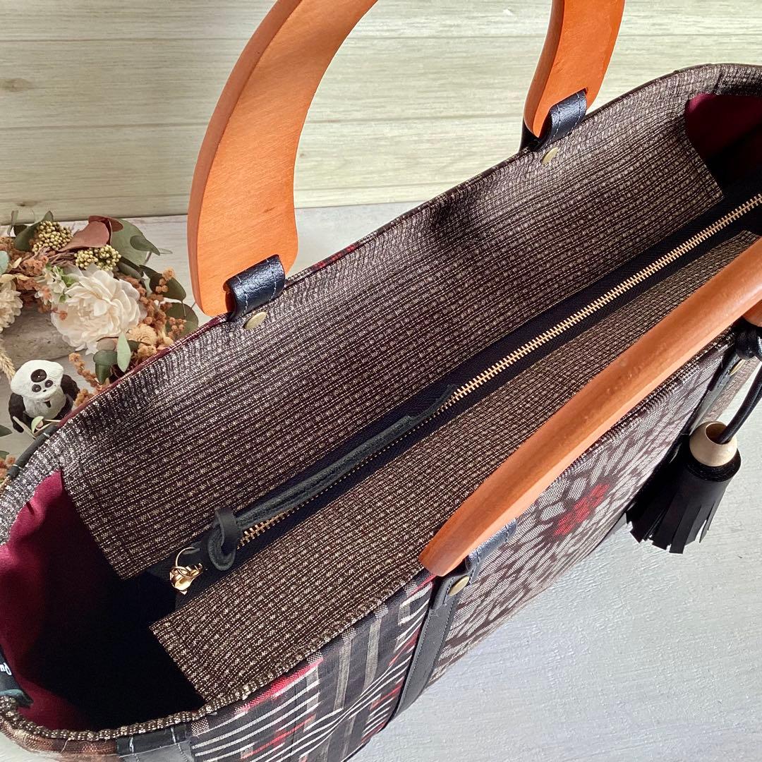 着物リメイク 大島紬 秋名バラ 龍郷 本革 和装バッグ ハンドメイド 古布