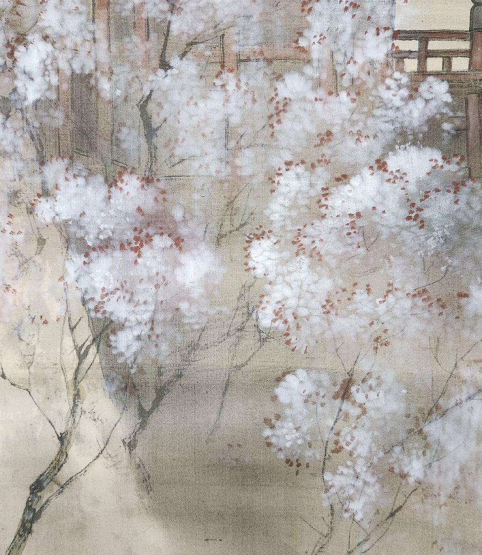 【春宵(清水寺の桜景色図)】岸田直穂 2646 掛け軸 京都の春景 共箱　肉筆