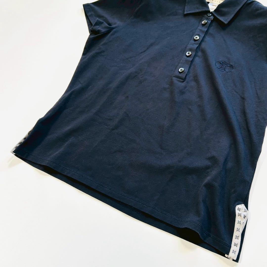 美品 セリーヌ ポロシャツ トリオンフ 刺繍 マカダム ロゴ ブラック L