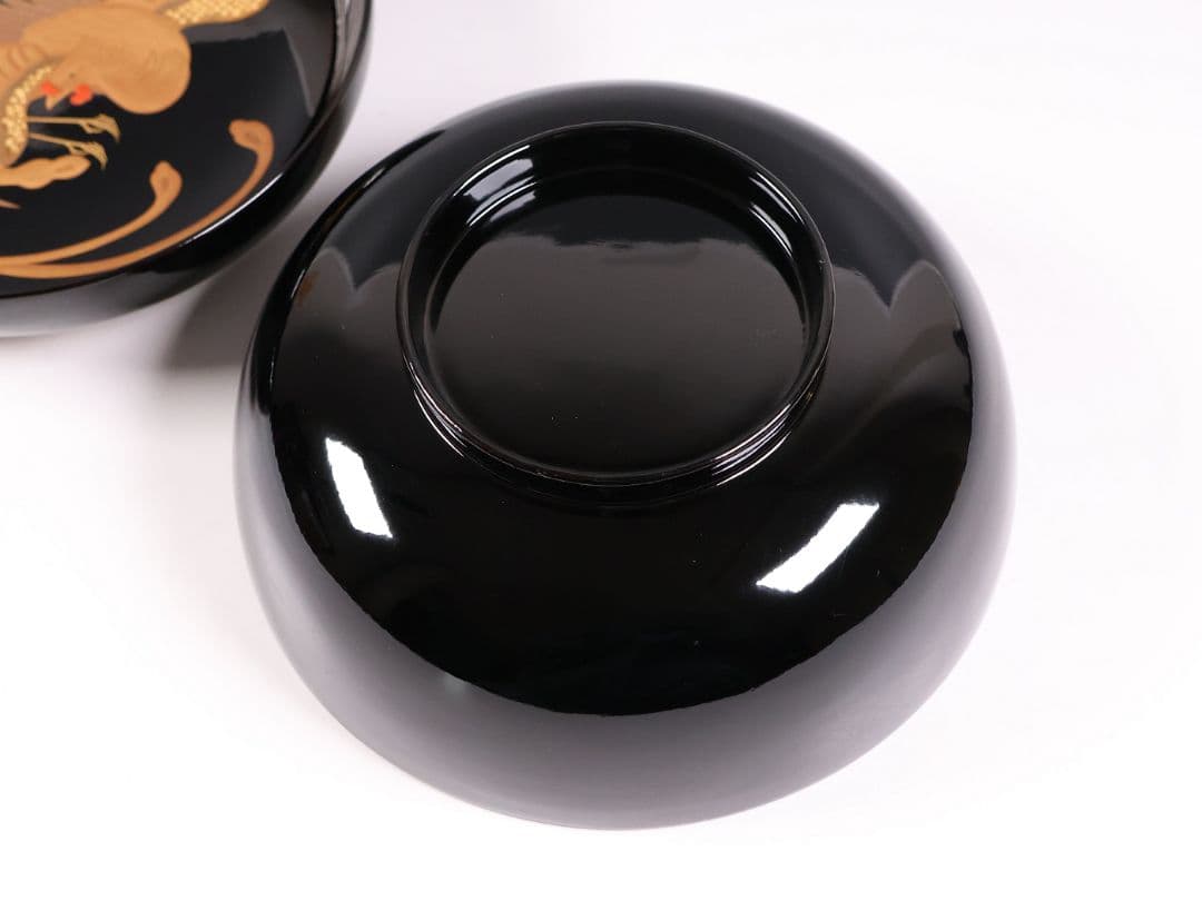 【CM399】天然木漆塗 菊桐鳳凰金蒔絵 黒塗 煮物椀 1客 昭和期 木製漆器