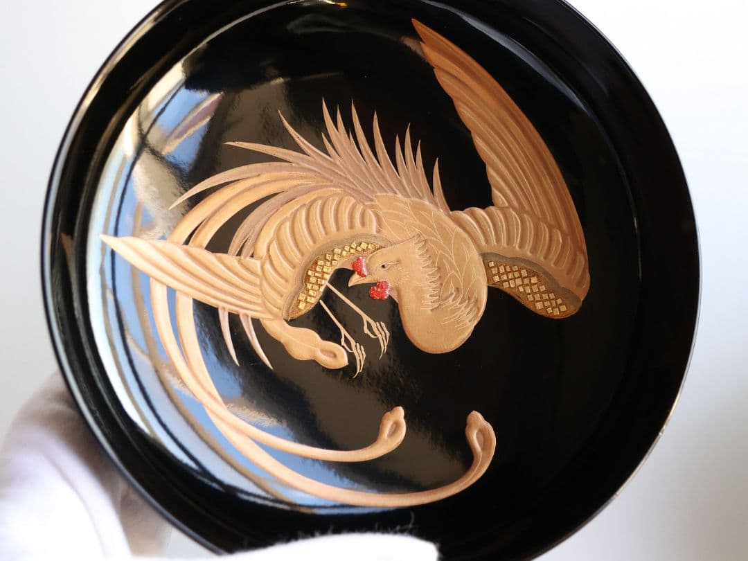 【CM399】天然木漆塗 菊桐鳳凰金蒔絵 黒塗 煮物椀 1客 昭和期 木製漆器