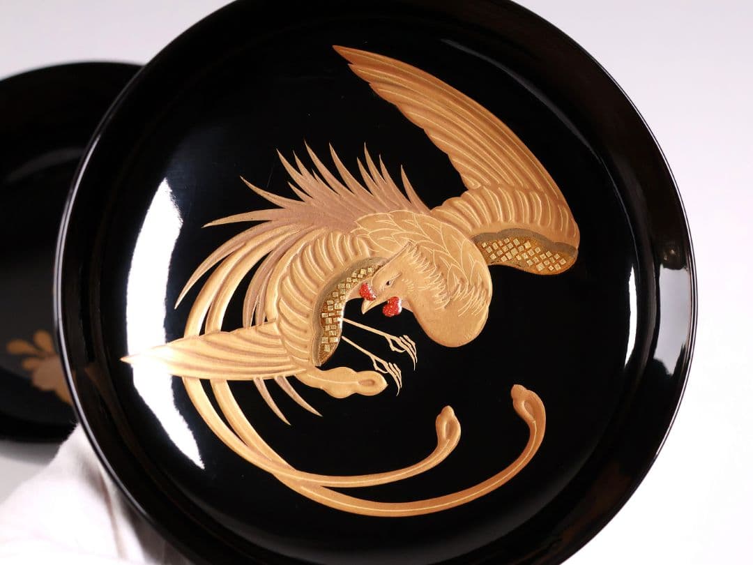 【CM399】天然木漆塗 菊桐鳳凰金蒔絵 黒塗 煮物椀 1客 昭和期 木製漆器