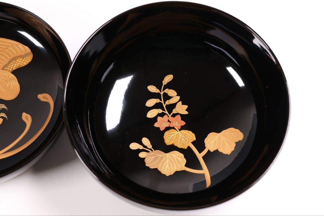 【CM399】天然木漆塗 菊桐鳳凰金蒔絵 黒塗 煮物椀 1客 昭和期 木製漆器