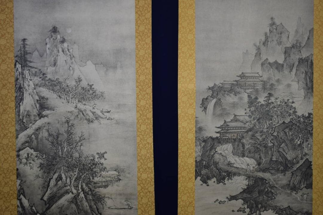 複製/雪村/雪村周継/夏冬山水図/工芸/双幅/布袋屋掛軸HI-329