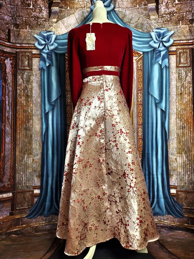 M【新品インポートセレクト】ベロアゴールドジャガードスクエアネック長袖秋冬ドレス