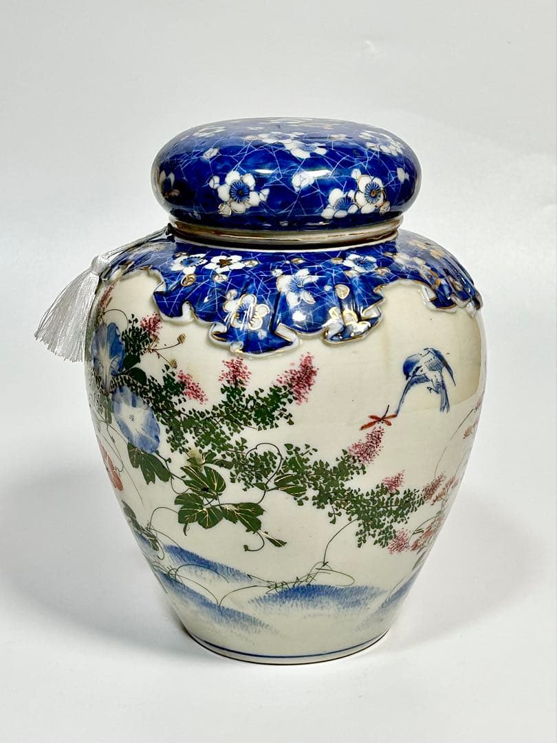 明治期 瀬戸焼 染錦朝顔文沈香壺 飾壺 瀬戸