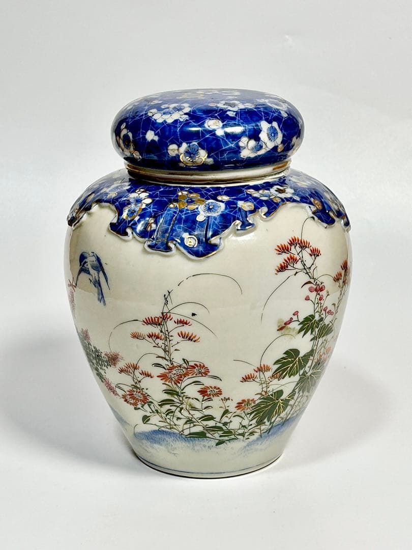 明治期 瀬戸焼 染錦朝顔文沈香壺 飾壺 瀬戸