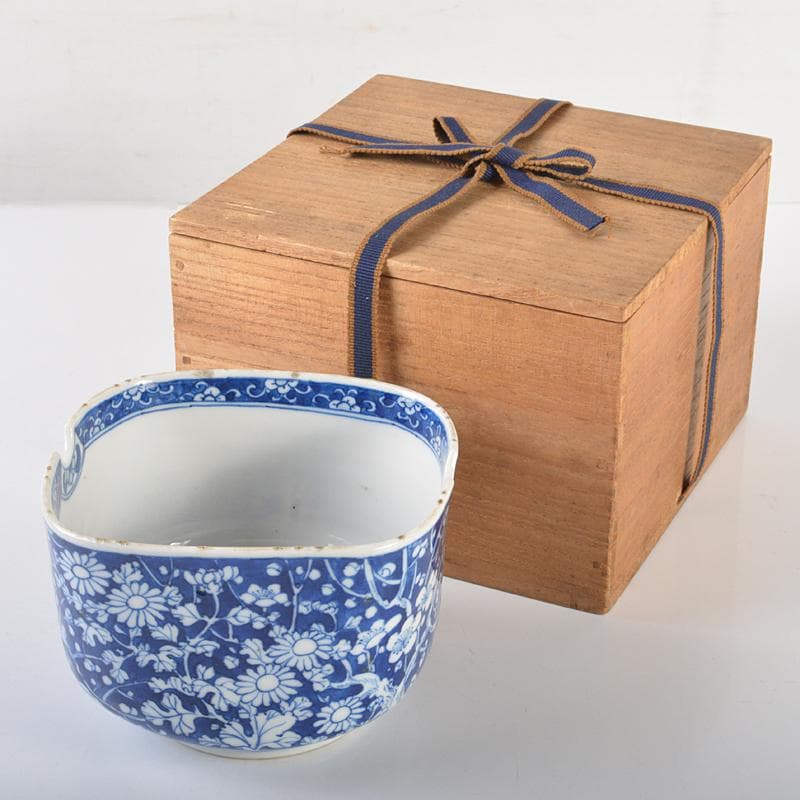 中国　青花　四君子文　四方鉢　時代箱付　M　R6432