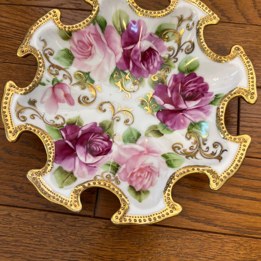 期間限定最終処分特価オールドノリタケメープル裏印変形ボール　金点盛り薔薇の絵の美