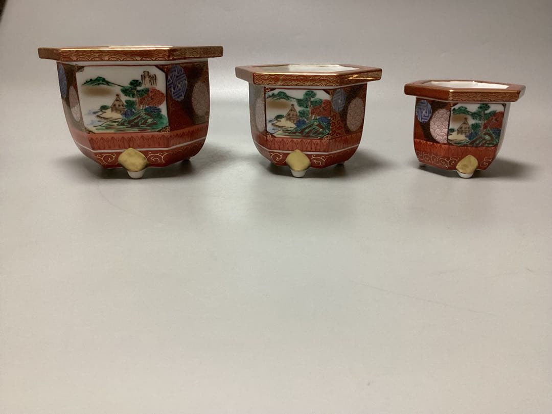 最終値下げ　九谷焼　銘　九谷正三　絵　変わり　赤絵　3点揃い　六角鉢　盆栽鉢