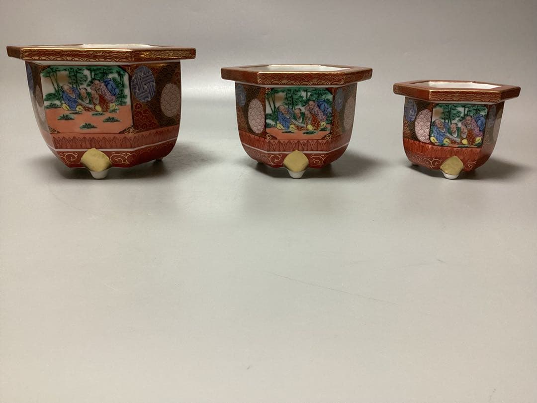 最終値下げ　九谷焼　銘　九谷正三　絵　変わり　赤絵　3点揃い　六角鉢　盆栽鉢