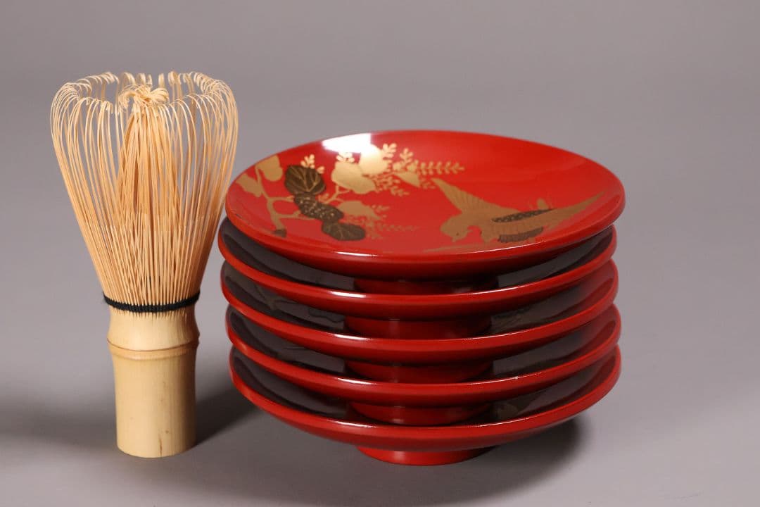 【CM244】時代木製漆器 桐鳳凰・菊 金蒔絵 朱塗 引盃 五客 木製漆器 小皿