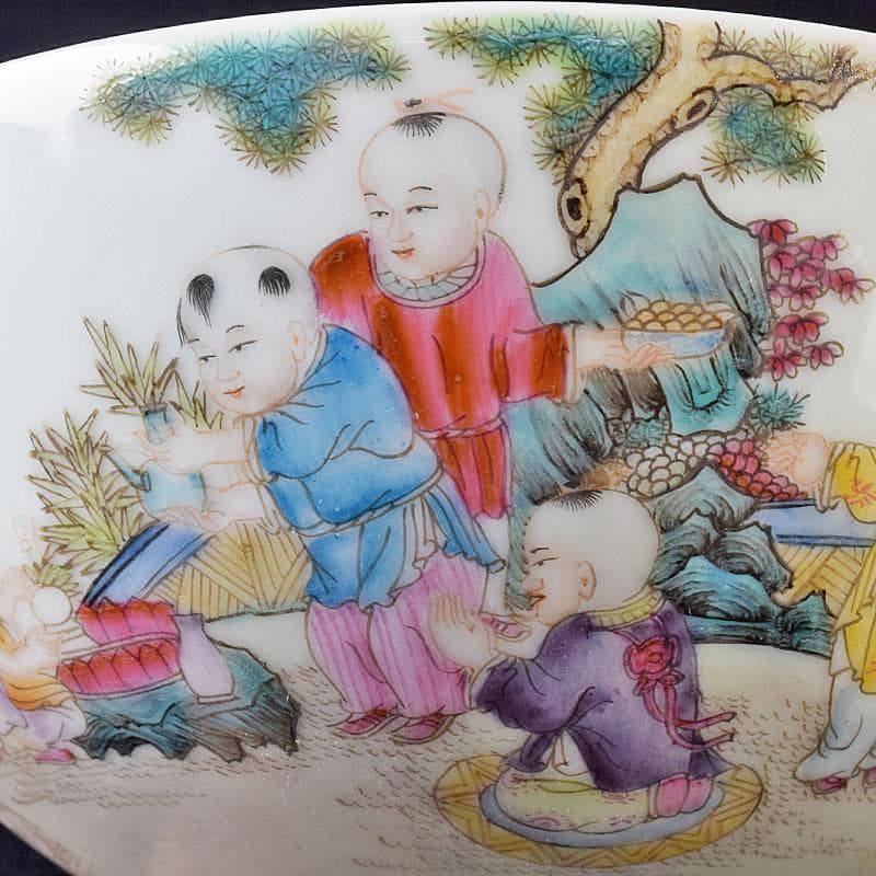 中国　雍正年製　粉彩漢詩唐子文碗　C　8019E