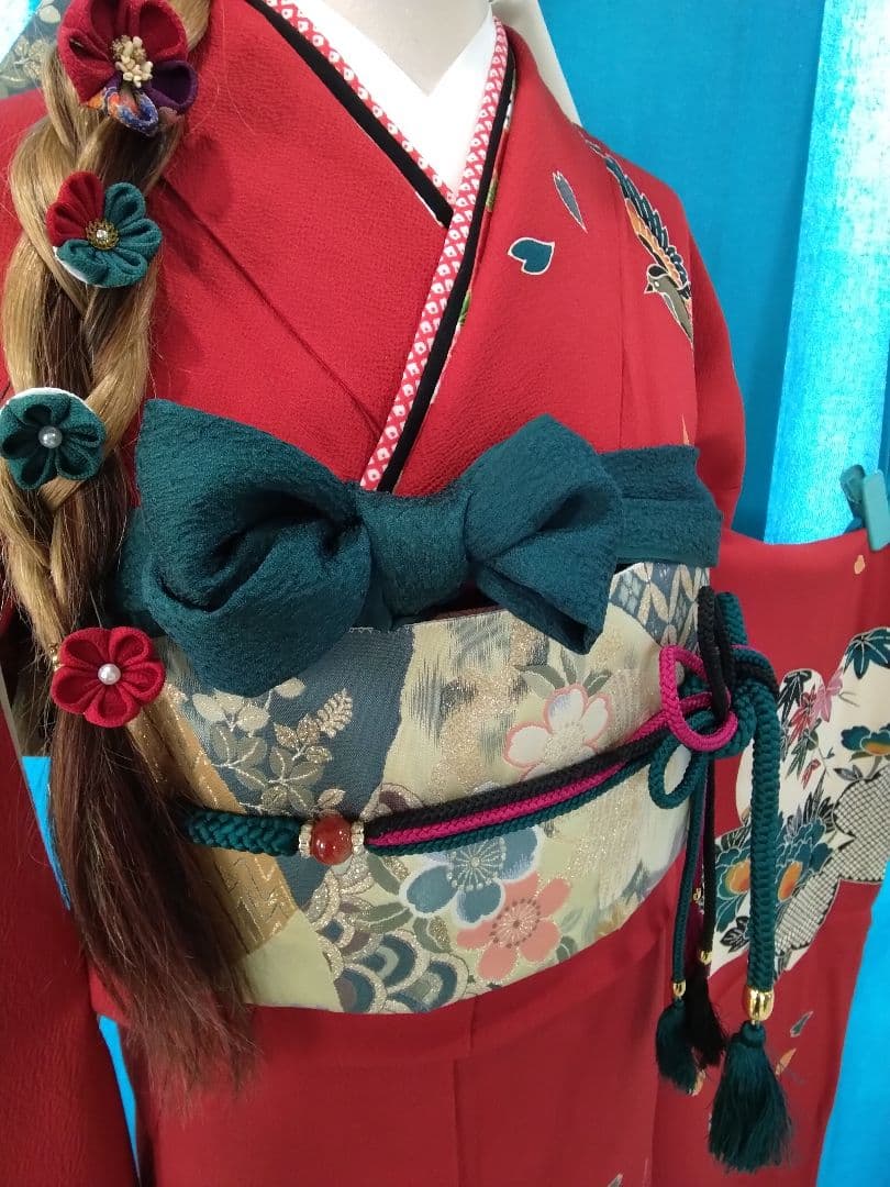 振袖フルセット、正絹紅型振袖、成人式、重ね衿、帯揚げ帯締め、西陣袋帯、襦袢