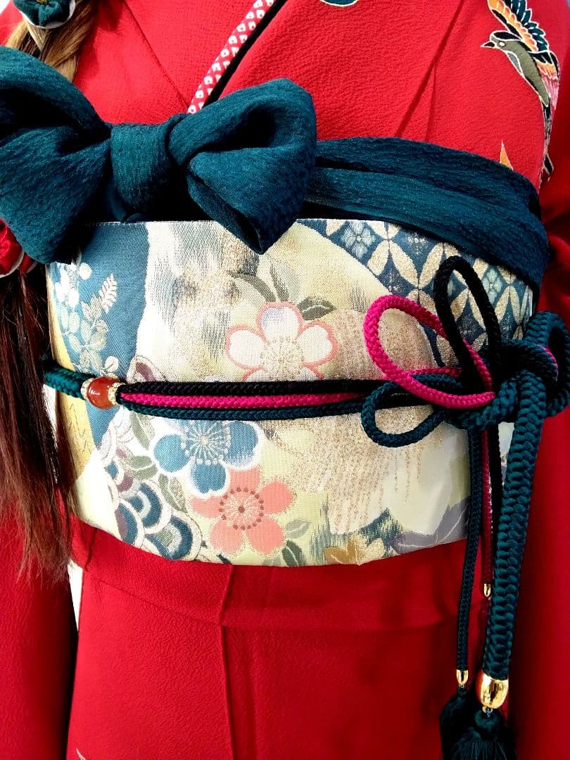 振袖フルセット、正絹紅型振袖、成人式、重ね衿、帯揚げ帯締め、西陣袋帯、襦袢